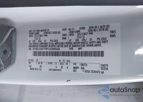 2015 Ford Escape S из США, поврежденный, VIN 1FMCU0F79FUC80522